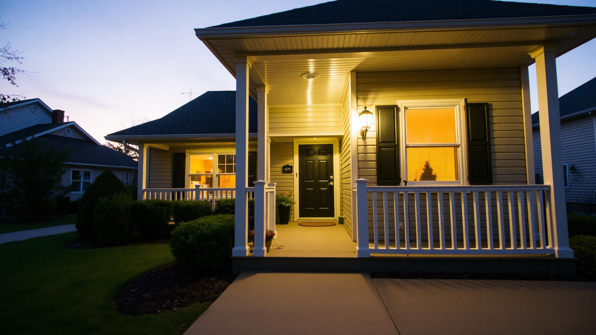 Front porch of a suburban home at dusk